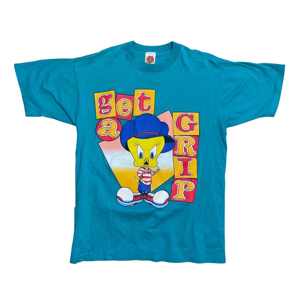 Vintage 1997 Looney Tunes Tweety Bird Get A Grip Teal T-Shirt Large Freeze 90s